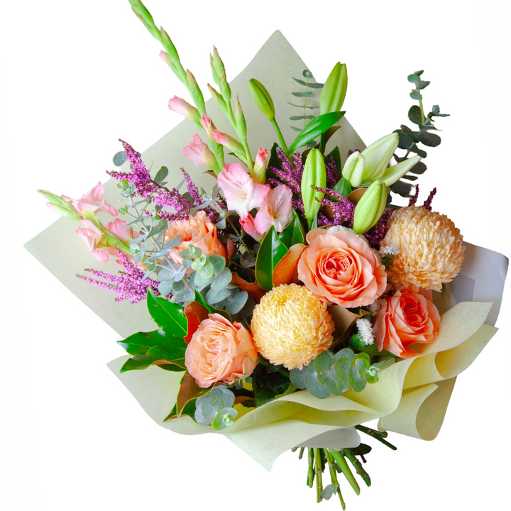 Handcrafted mixed flower bouquet, 'Seasonal Delight', featuring the day's freshest seasonal blooms by The Flori Shoppe Melbourne.