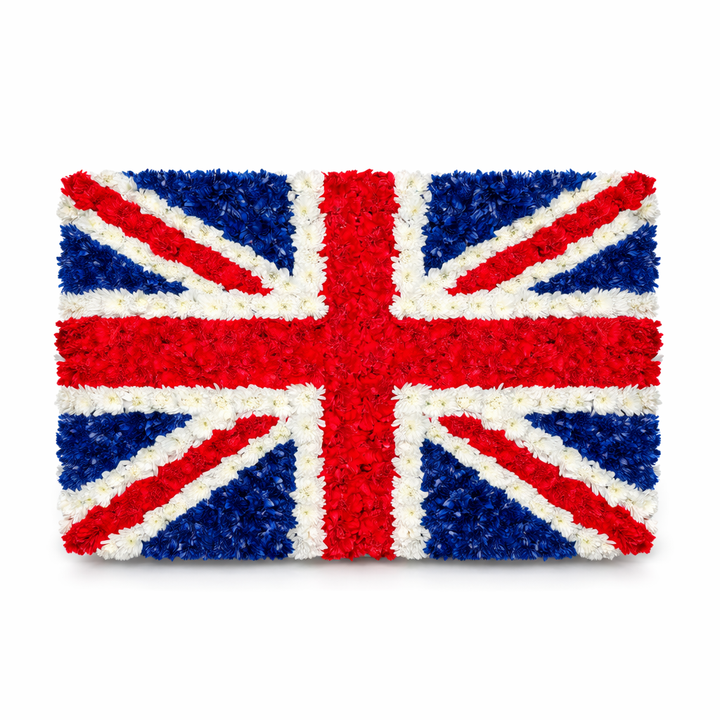 Union Jack floral tribute UK flag funeral flowers Melbourne red white blue arrangement